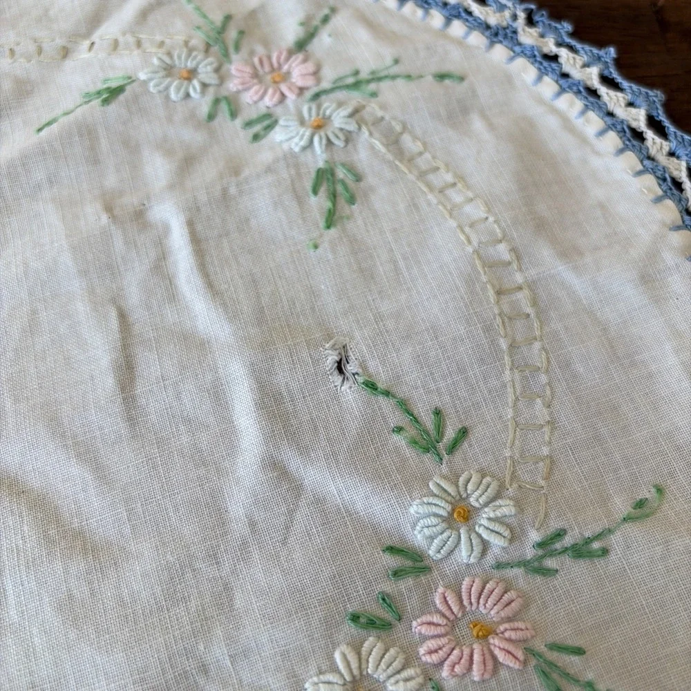 Vintage Floral Hand Embroidered Dollies (2) & Runner Floral Cottagecore Grandma